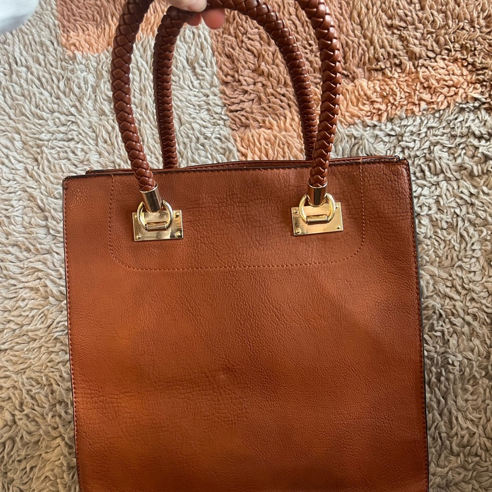 Chic Brown Leather Tote with Gold Accents